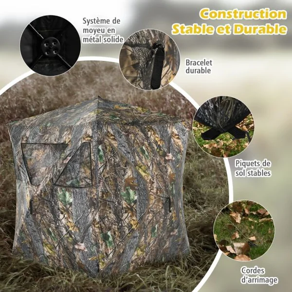 Store de Chasse Portable pour 3 Personnes Tente de Chasse Instantanée Escamotable avec Piquets et Attaches de Sol Fenêtres en Maille