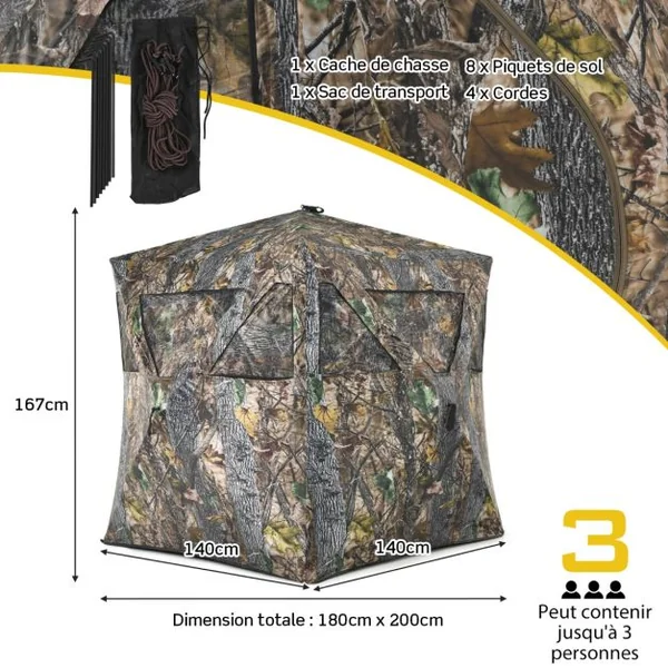Store de Chasse Portable pour 3 Personnes Tente de Chasse Instantanée Escamotable avec Piquets et Attaches de Sol Fenêtres en Maille