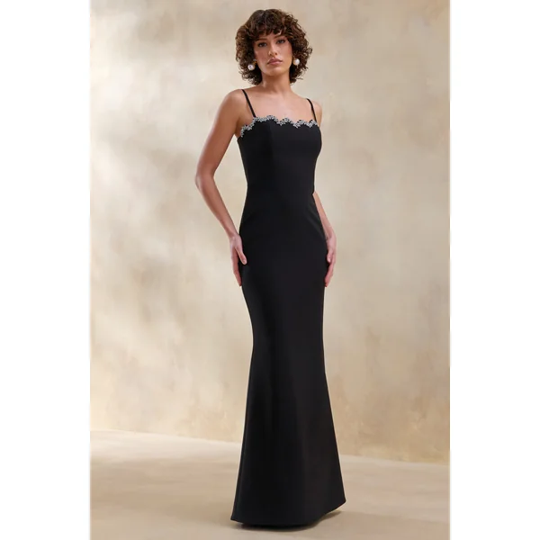 Story | Robe longue noire à encolure cœur festonnée avec détails ornés