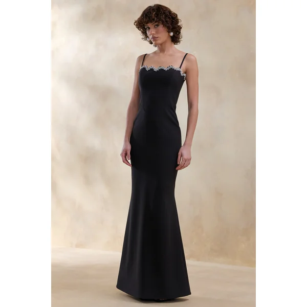 Story | Robe longue noire à encolure cœur festonnée avec détails ornés