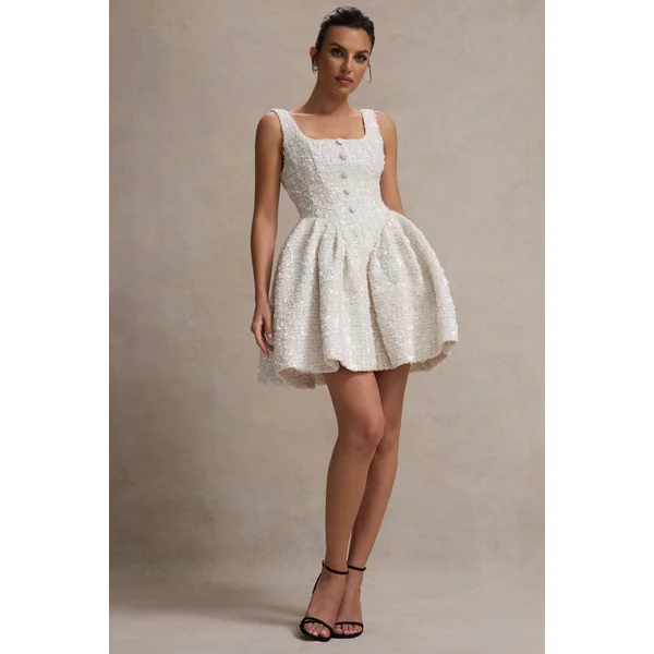 Sugar Plum | Robe Mini à Encolure Carrée en Bouclé Crème