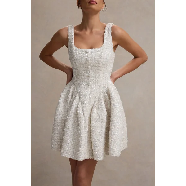 Sugar Plum | Robe Mini à Encolure Carrée en Bouclé Crème