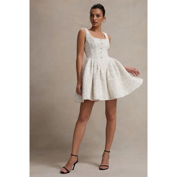 Sugar Plum | Robe Mini à Encolure Carrée en Bouclé Crème