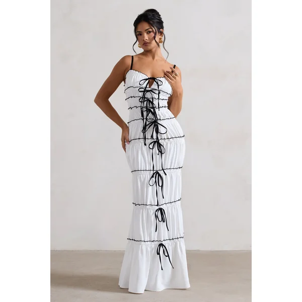 Summer Breeze | Robe longue blanche à bretelles avec volants et fronces