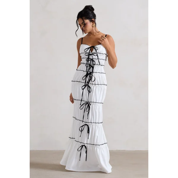 Summer Breeze | Robe longue blanche à bretelles avec volants et fronces