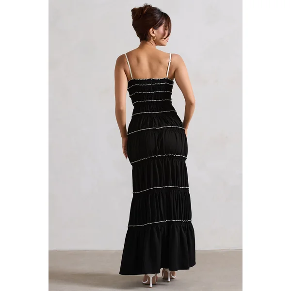 Summer Breeze | Robe longue noire à bretelles avec volants et fronces