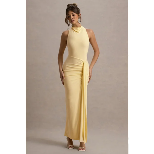 Sunflower | Robe longue citron à décolleté haut froncé avec fente.