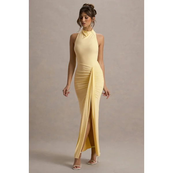 Sunflower | Robe longue citron à décolleté haut froncé avec fente.