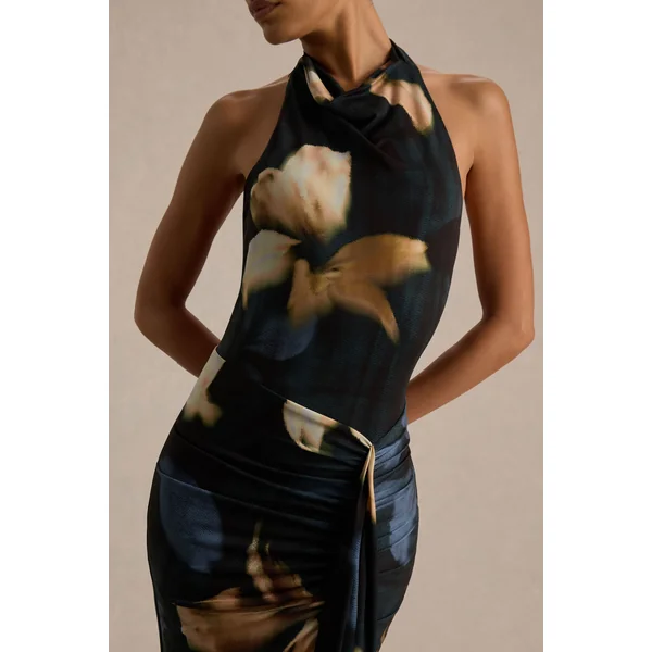 Sunflower | Robe longue à col montant en tissu tissé imprimé lys foncé avec fente frontale haute