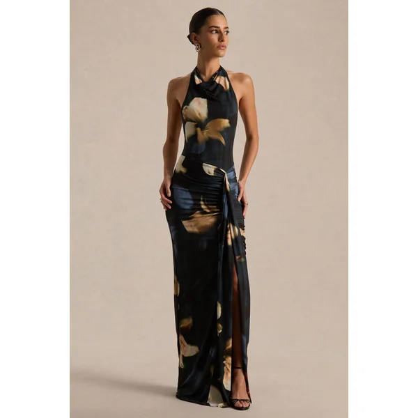 Sunflower | Robe longue à col montant en tissu tissé imprimé lys foncé avec fente frontale haute