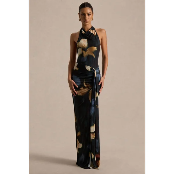 Sunflower | Robe longue à col montant en tissu tissé imprimé lys foncé avec fente frontale haute