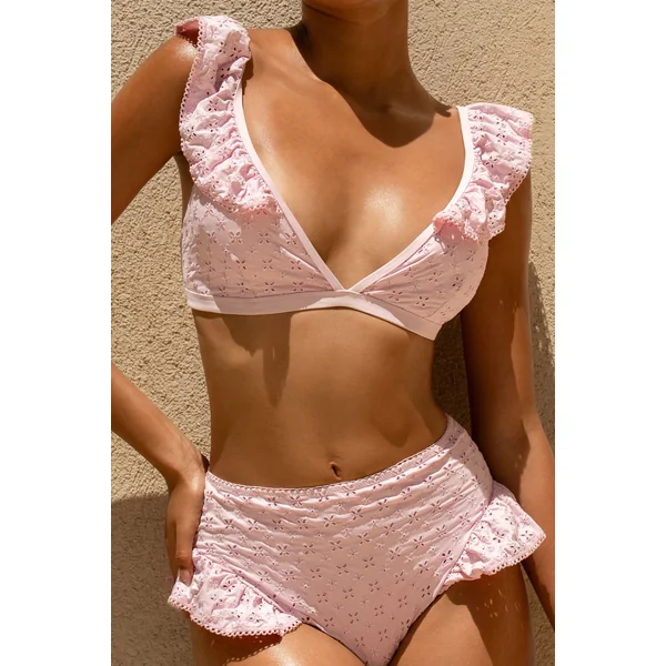 Sunkissed | Haut de bikini rose en broderie avec volant