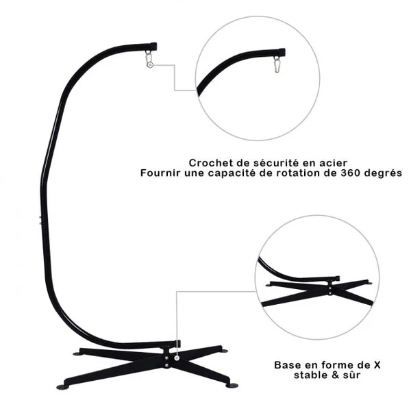 Support de hamac ou pour chaise suspendue Capacité 150 KG, en Fer de Haute Qualité, Moderne et stable, 112x79x205, Noir