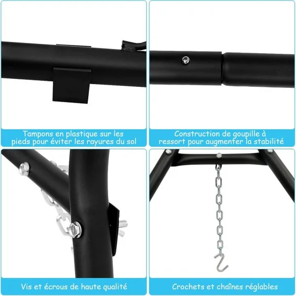 Support de Hamac Type-h pour 2 Personnes Capacité 200 Kg (hamac Non-inclus) avec Chaines en Métal 280x95x115cm