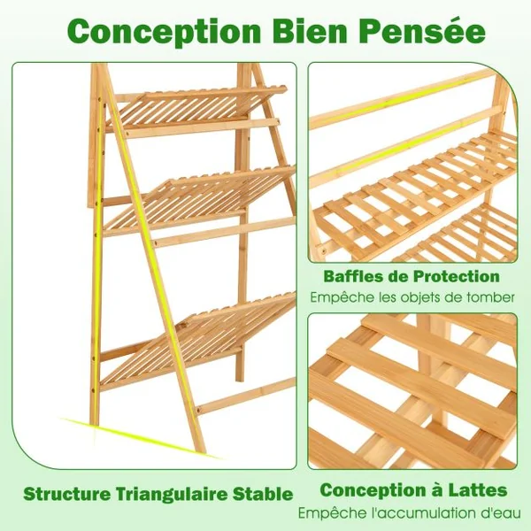 Support de Plantes en Echelle à 4 Niveaux Barre de Suspension Capacité 10 kg en Bambou 70x40x120-140cm Naturel
