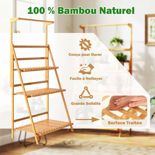 Support de Plantes en Echelle à 4 Niveaux Barre de Suspension Capacité 10 kg en Bambou 70x40x120-140cm Naturel