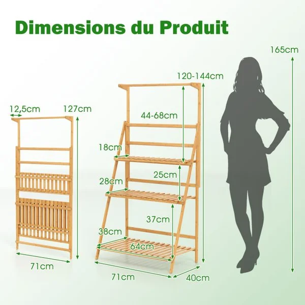 Support de Plantes en Echelle à 4 Niveaux Barre de Suspension Capacité 10 kg en Bambou 70x40x120-140cm Naturel