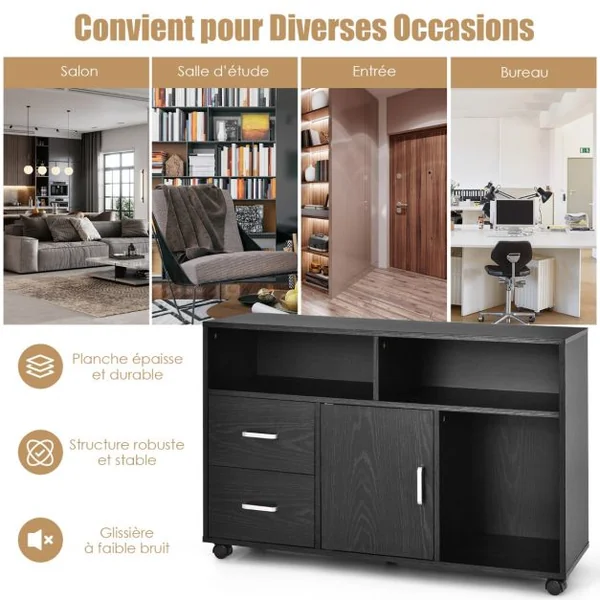 Support d'imprimante Caisson de Bureau avec Étagères Ouvertes Tiroirs Placard Roues Pivotantes 100 x 35 x 65,5CM Noir