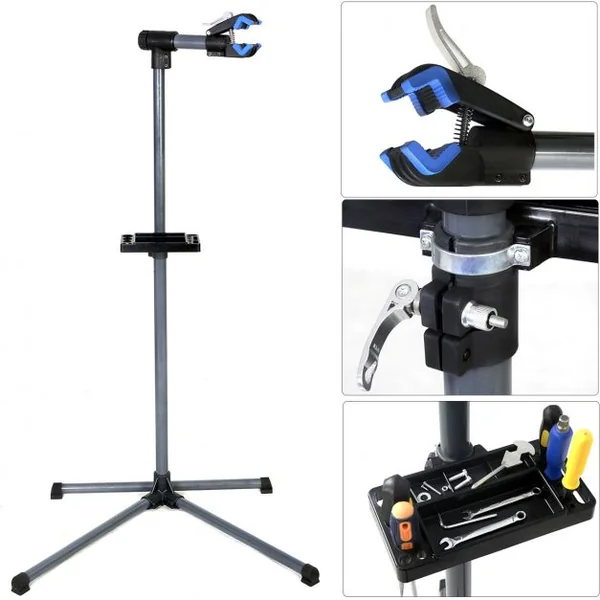 Support télescopique pour vélo, Support de réparation de vélo, Bras réglable, Pivotant 360°, 20 kg max, 198x104cm, Bleu