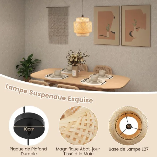 Suspension en Bambou Naturel Lustre avec Abat-jour en Bambou et Douille E27 pour Restaurant Bar Salle à Manger