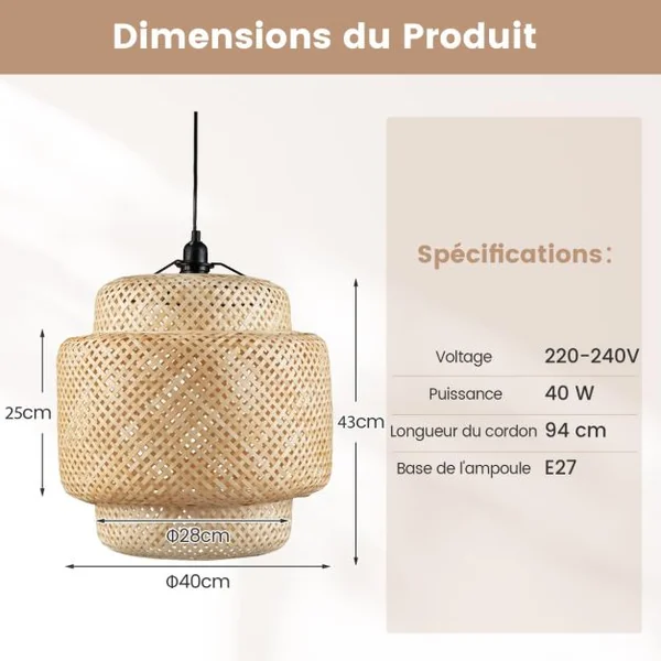 Suspension en Bambou Naturel Lustre avec Abat-jour en Bambou et Douille E27 pour Restaurant Bar Salle à Manger