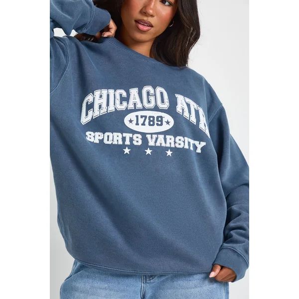 Sweat-shirt Oversize Délavé Imprimé Chicago