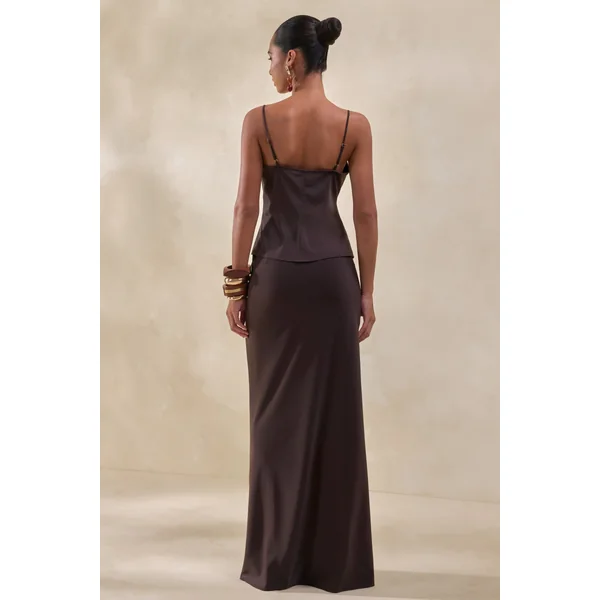 Sybella | Jupe longue en satin marron foncé