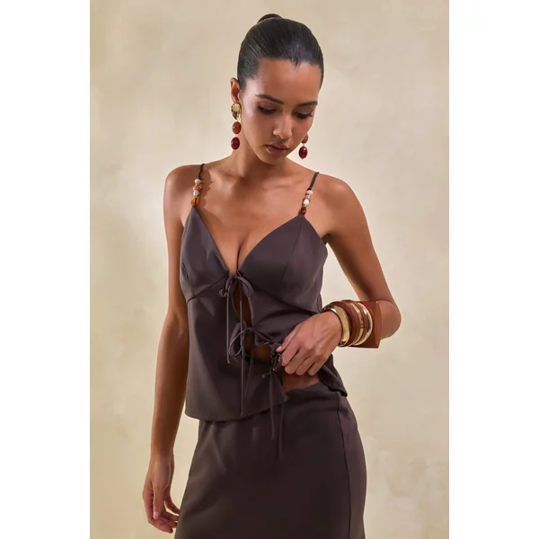 Sybella | Jupe longue en satin marron foncé