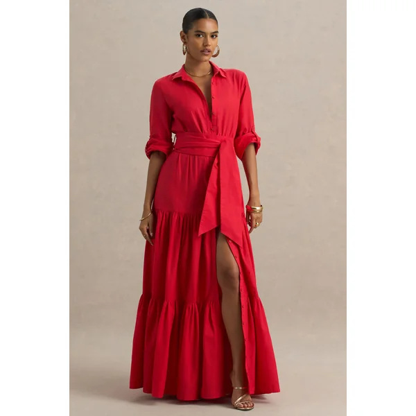 Sydney | Robe longue rouge à col rond avec détails à volants