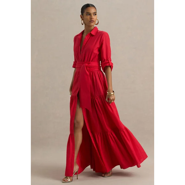 Sydney | Robe longue rouge à col rond avec détails à volants