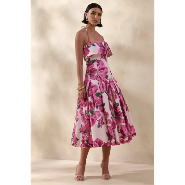 Sylina | Robe mi-longue rose hibiscus à fleurs avec encolure carrée et taille basse