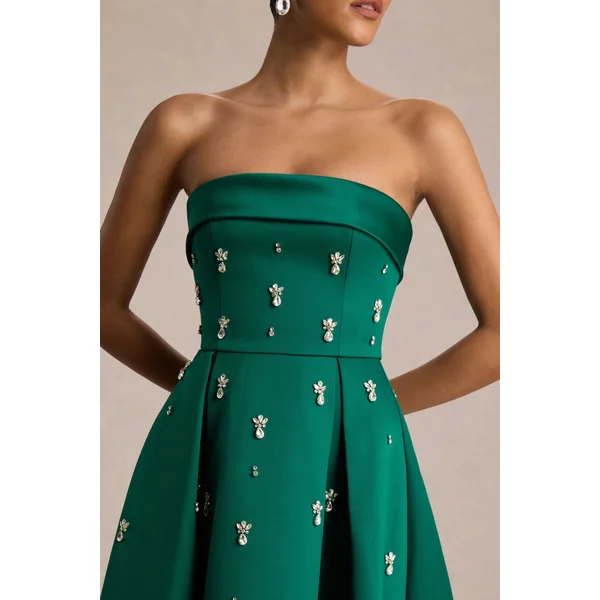 Sylvette | Robe mi-longue patineuse en satin vert foncé à encolure bandeau