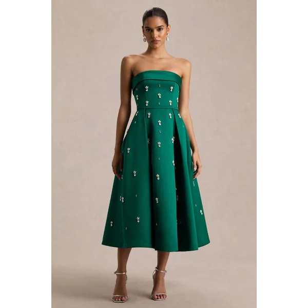 Sylvette | Robe mi-longue patineuse en satin vert foncé à encolure bandeau