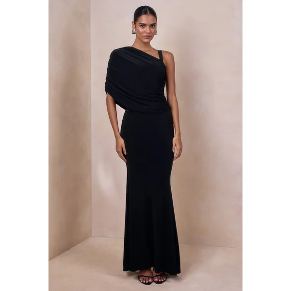 Sylvie | Robe longue noire à encolure asymétrique