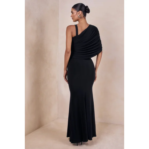 Sylvie | Robe longue noire à encolure asymétrique