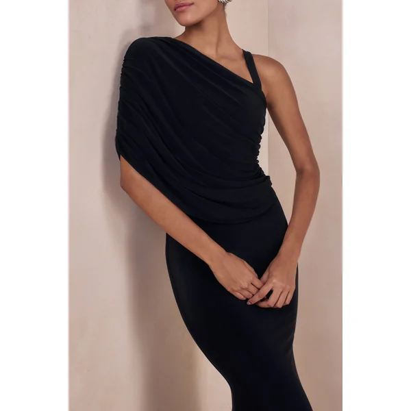Sylvie | Robe longue noire à encolure asymétrique