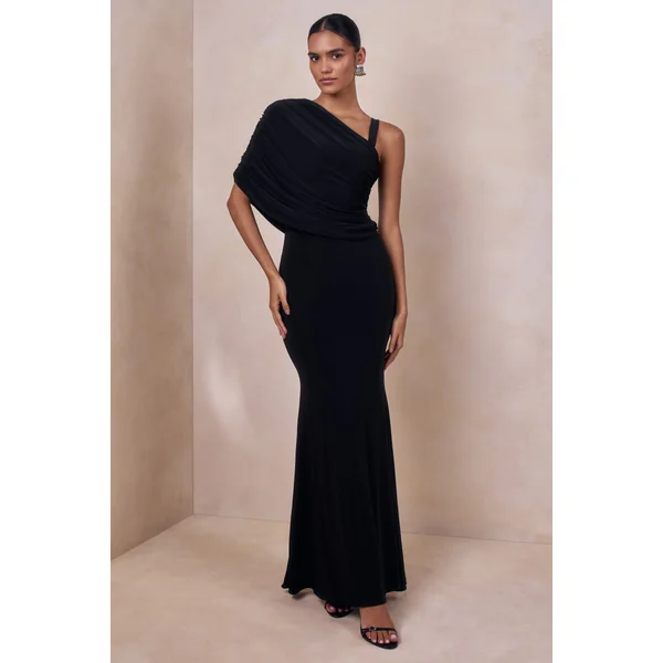 Sylvie | Robe longue noire à encolure asymétrique