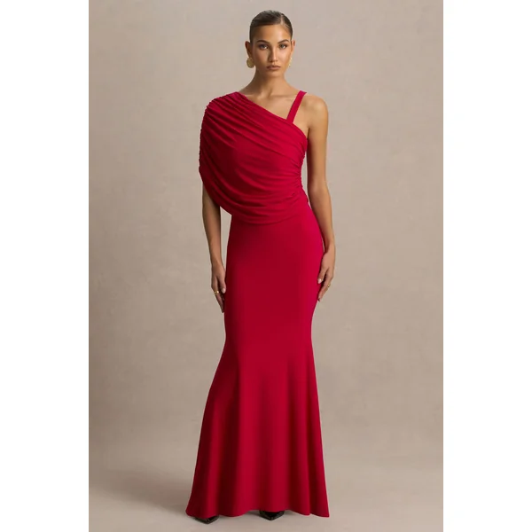Sylvie | Robe longue rouge à encolure asymétrique