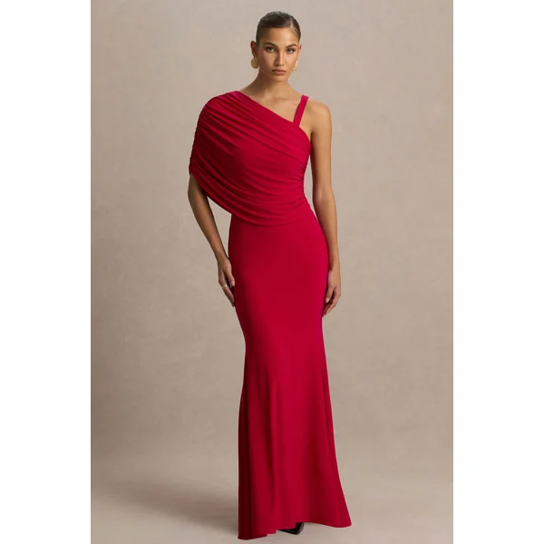 Sylvie | Robe longue rouge à encolure asymétrique