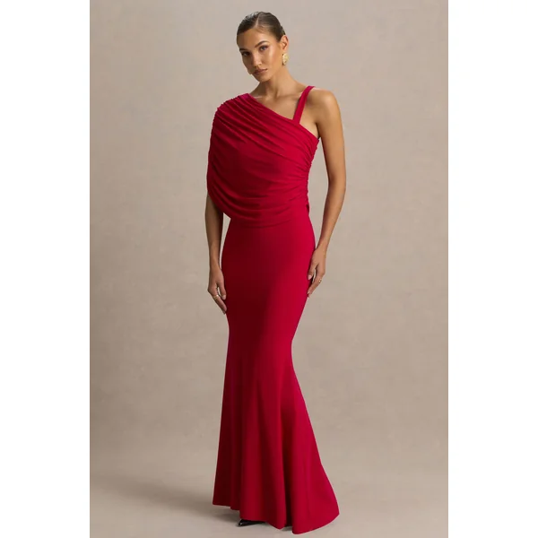 Sylvie | Robe longue rouge à encolure asymétrique