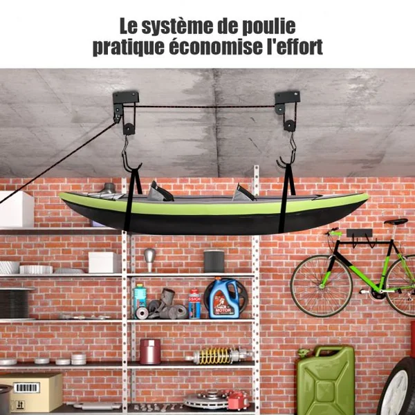 Système de Levage pour Canoë Kayak Porte-vélo Elévateur avec une Corde 12 Mètres Double Crochets Capacité 45 kg