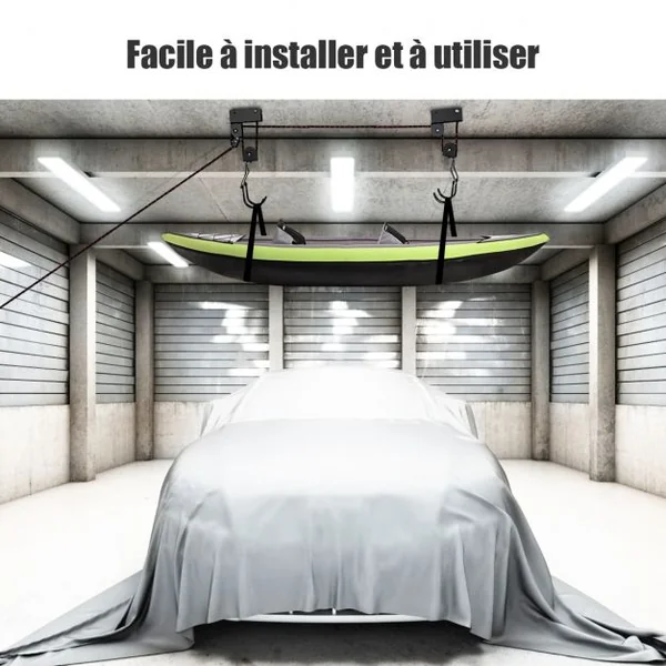Système de Levage pour Canoë Kayak Porte-vélo Elévateur avec une Corde 12 Mètres Double Crochets Capacité 45 kg