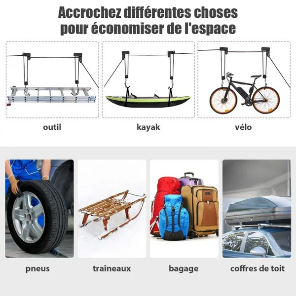 Système de Levage pour Canoë Kayak Porte-vélo Elévateur avec une Corde 12 Mètres Double Crochets Capacité 45 kg