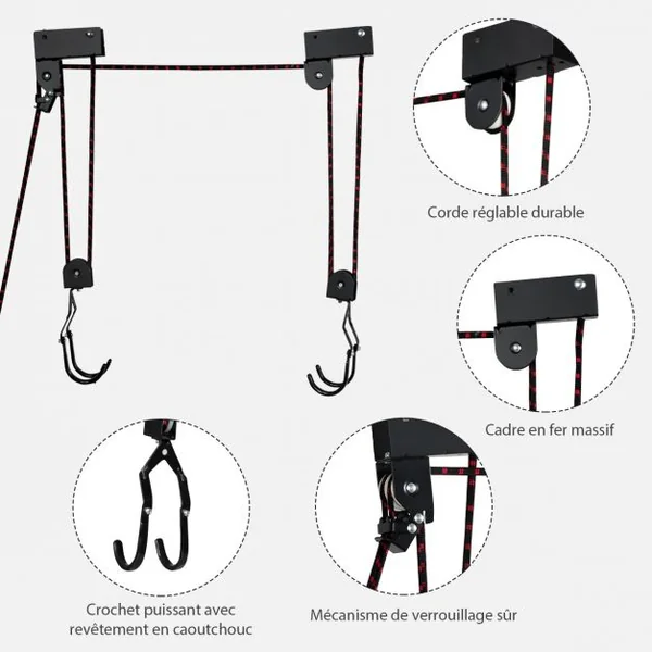 Système de Levage pour Canoë Kayak Porte-vélo Elévateur avec une Corde 12 Mètres Double Crochets Capacité 45 kg