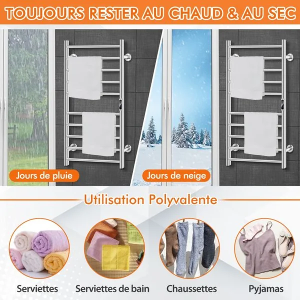 Sèche-Serviettes Électrique 30-60°C avec 10 Barres en Acier Inoxydable Chauffe-Serviettes 120W Étanche Murale avec Minuterie Affichage LCD