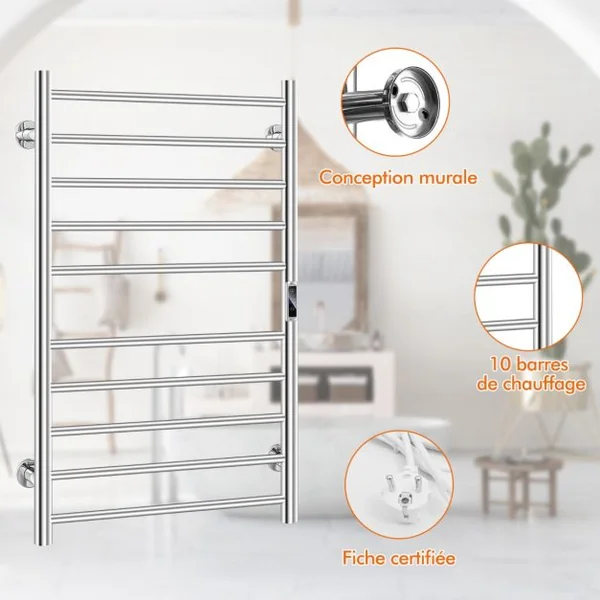 Sèche-Serviettes Électrique 30-60°C avec 10 Barres en Acier Inoxydable Chauffe-Serviettes 120W Étanche Murale avec Minuterie Affichage LCD