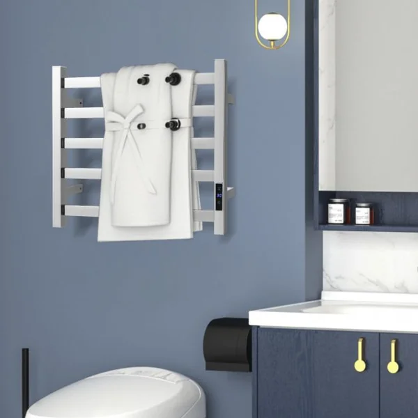 Sèche-Serviettes Électrique 30-60°C avec 5 Barres en Acier Inoxydable Chauffe-Serviettes 120W Étanche Murale avec Minuterie Affichage LED