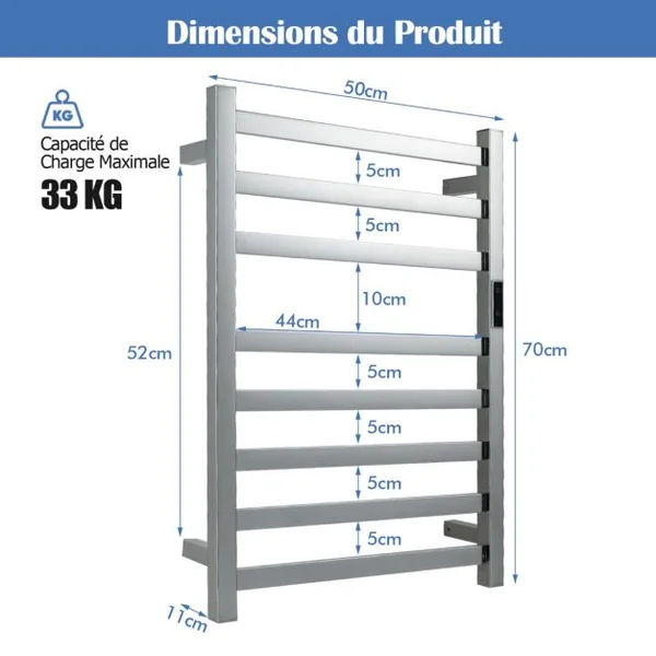 Sèche-Serviettes Électrique 30-60°C avec 8 Barres en Acier Inoxydable Chauffe-Serviettes 140W Étanche Murale avec Minuterie Affichage LED