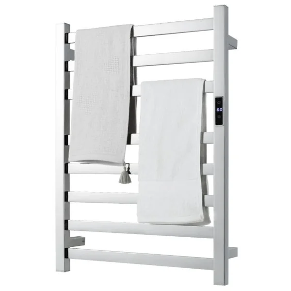 Sèche-Serviettes Électrique 30-60°C avec 8 Barres en Acier Inoxydable Chauffe-Serviettes 140W Étanche Murale avec Minuterie Affichage LED