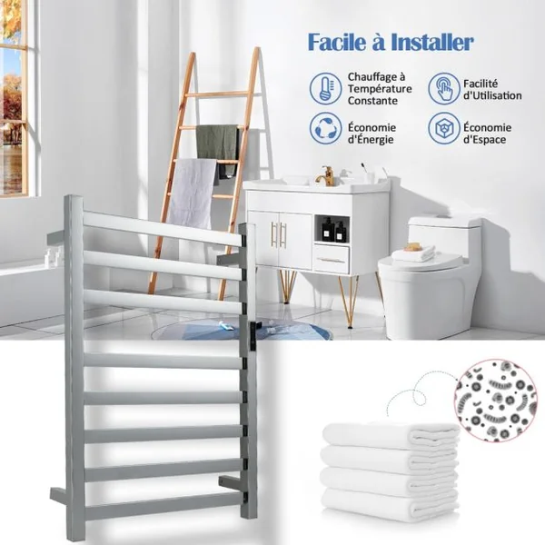 Sèche-Serviettes Électrique 30-60°C avec 8 Barres en Acier Inoxydable Chauffe-Serviettes 140W Étanche Murale avec Minuterie Affichage LED